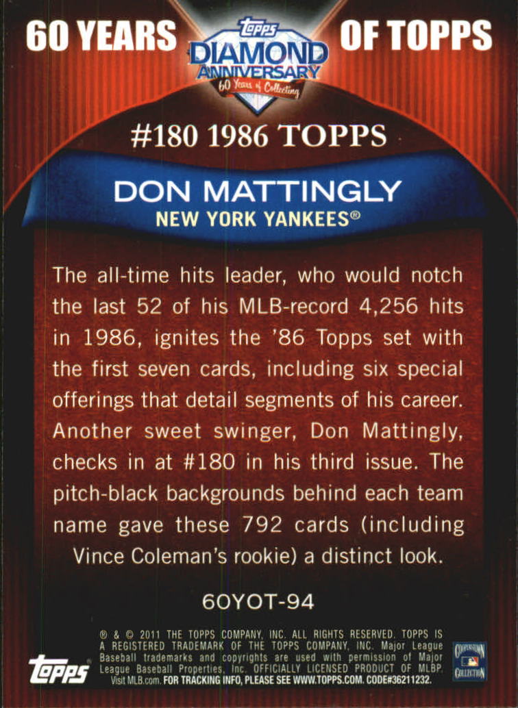 2011 Topps 60 Years of Topps #94 Don Mattingly back image