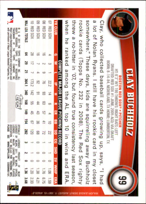 2011 Topps Opening Day #99 Clay Buchholz back image