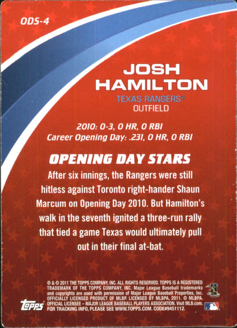 2011 Topps Opening Day Stars #ODS4 Josh Hamilton back image