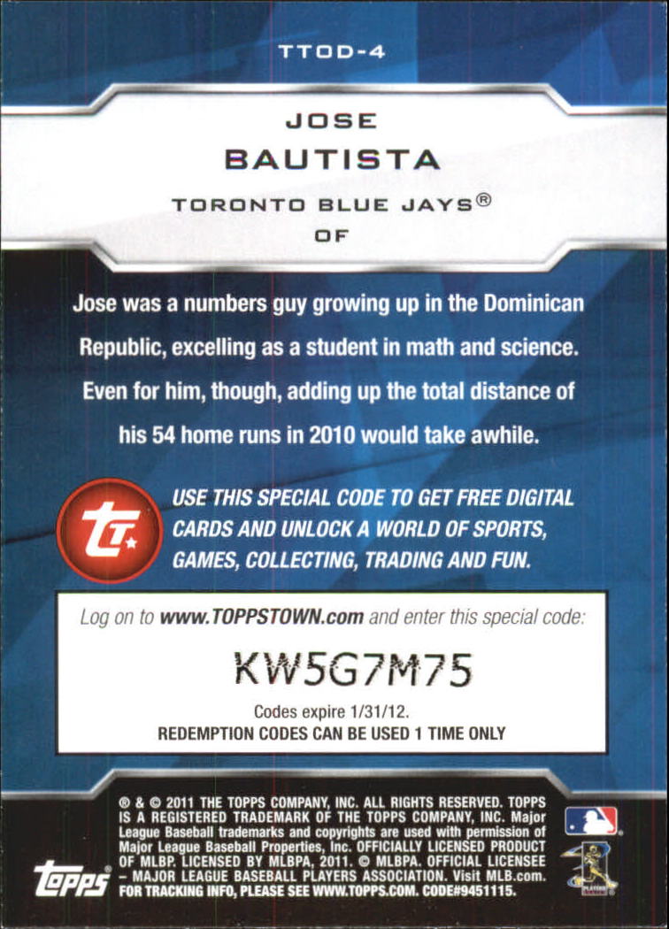2011 Topps Opening Day Topps Town Codes #TTOD4 Jose Bautista back image