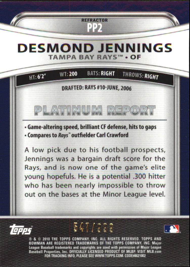 2010 Bowman Platinum Prospects Refractors Thin Stock #PP2 Desmond Jennings back image