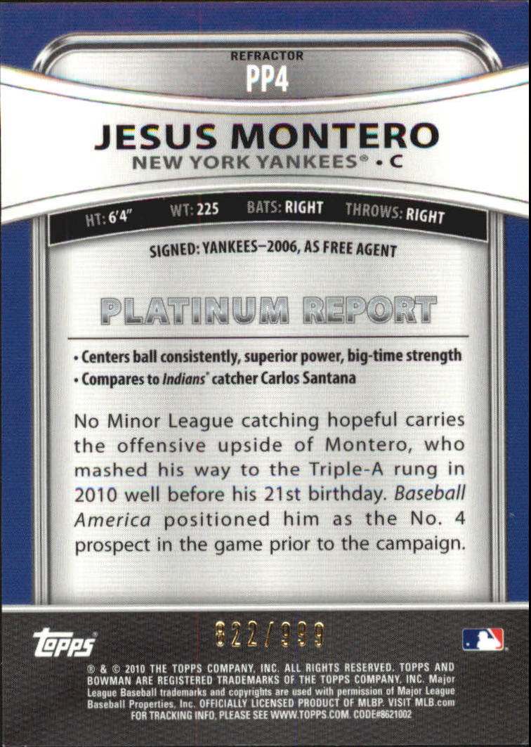 2010 Bowman Platinum Prospects Refractors Thin Stock #PP4 Jesus Montero back image
