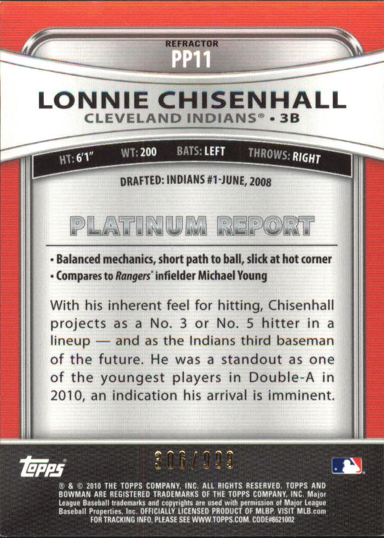 2010 Bowman Platinum Prospects Refractors Thin Stock #PP11 Lonnie Chisenhall back image