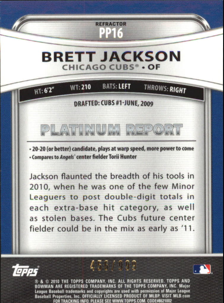 2010 Bowman Platinum Prospects Refractors Thin Stock #PP16 Brett Jackson back image