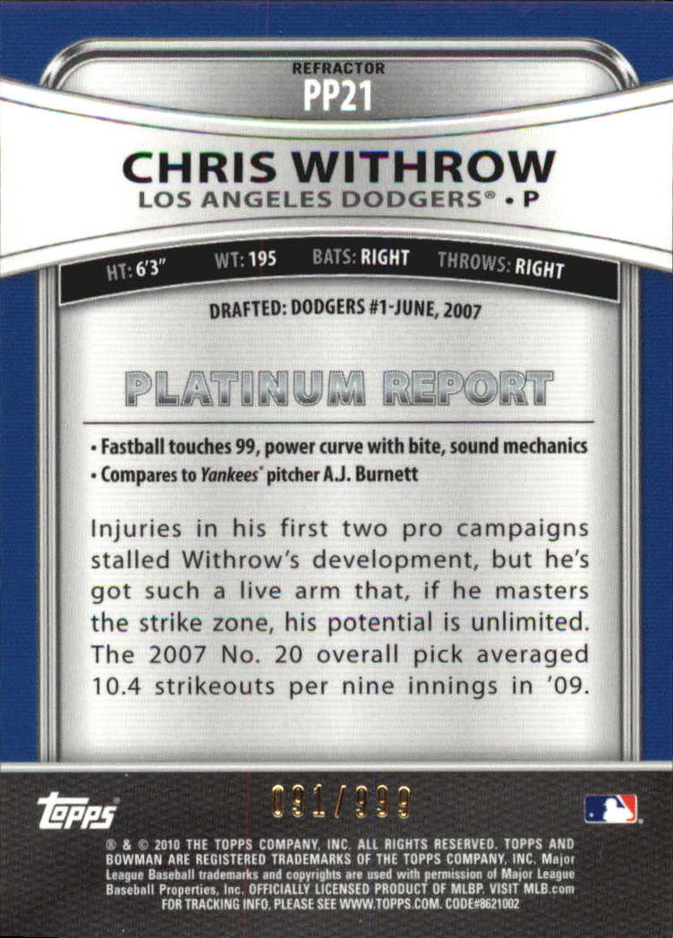2010 Bowman Platinum Prospects Refractors Thin Stock #PP21 Chris Withrow back image