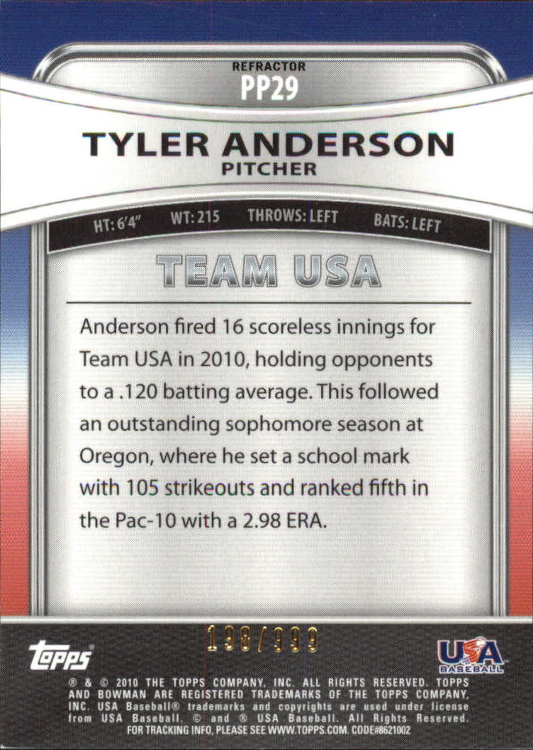 2010 Bowman Platinum Prospects Refractors Thin Stock #PP29 Tyler Anderson back image