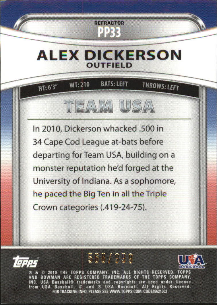 2010 Bowman Platinum Prospects Refractors Thin Stock #PP33 Alex Dickerson back image