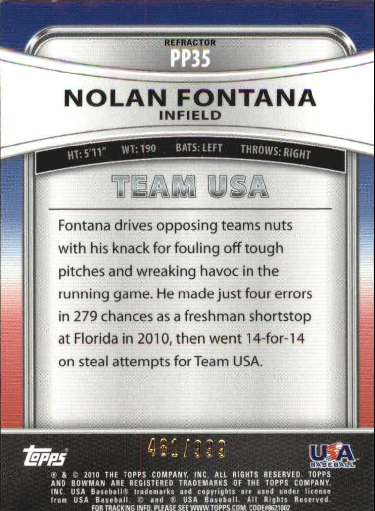 2010 Bowman Platinum Prospects Refractors Thin Stock #PP35 Nolan Fontana back image