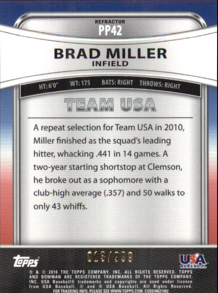 2010 Bowman Platinum Prospects Refractors Thin Stock #PP42 Brad Miller back image