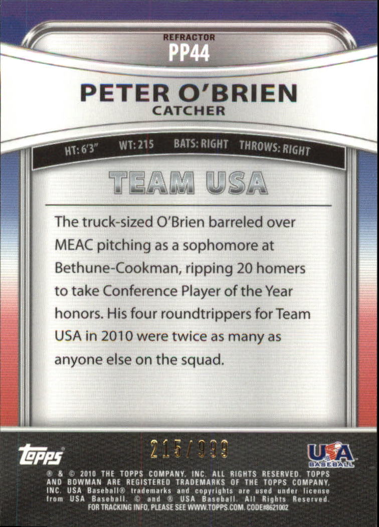 2010 Bowman Platinum Prospects Refractors Thin Stock #PP44 Peter O'Brien back image