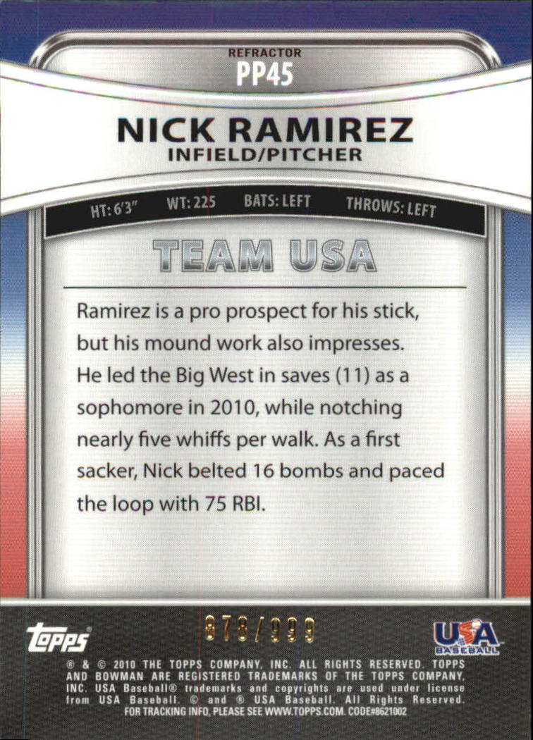 2010 Bowman Platinum Prospects Refractors Thin Stock #PP45 Nick Ramirez back image
