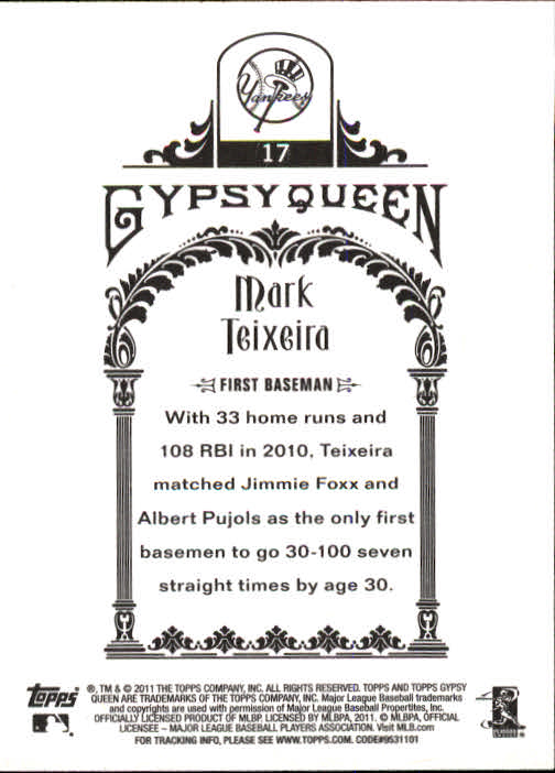 2011 Topps Gypsy Queen #17 Mark Teixeira back image