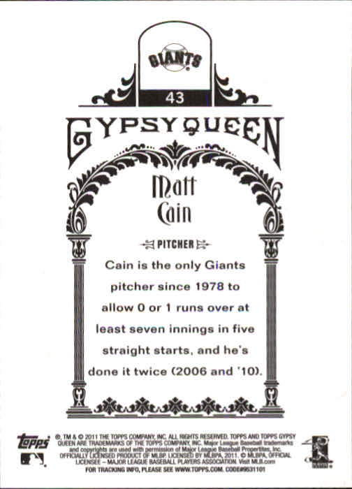 2011 Topps Gypsy Queen #43 Matt Cain back image