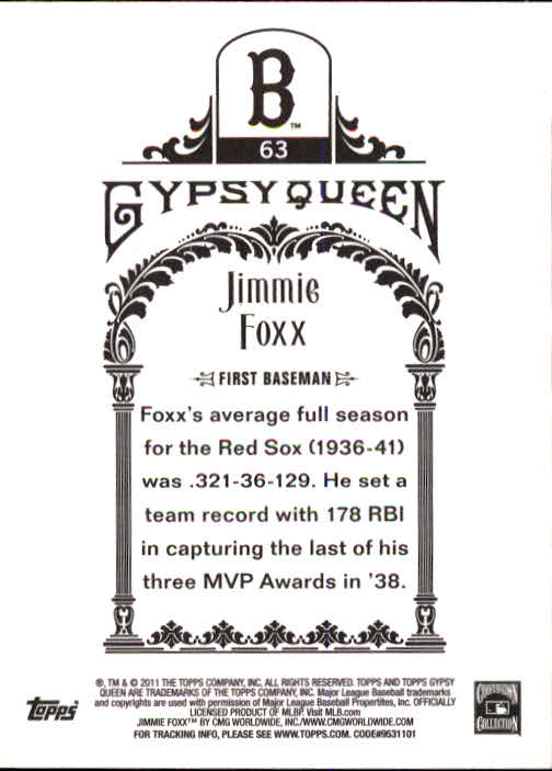 2011 Topps Gypsy Queen #63 Jimmie Foxx back image