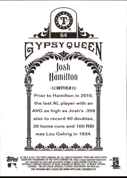 2011 Topps Gypsy Queen #64 Josh Hamilton back image