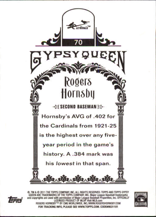 2011 Topps Gypsy Queen #70 Rogers Hornsby back image