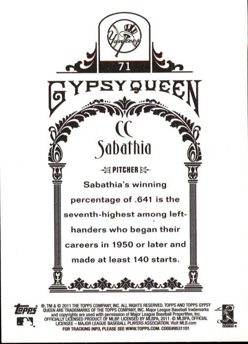 2011 Topps Gypsy Queen #71 CC Sabathia back image