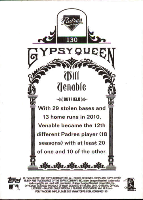 2011 Topps Gypsy Queen #130 Will Venable back image