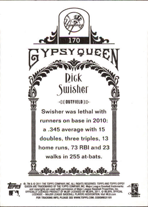 2011 Topps Gypsy Queen #170 Nick Swisher back image