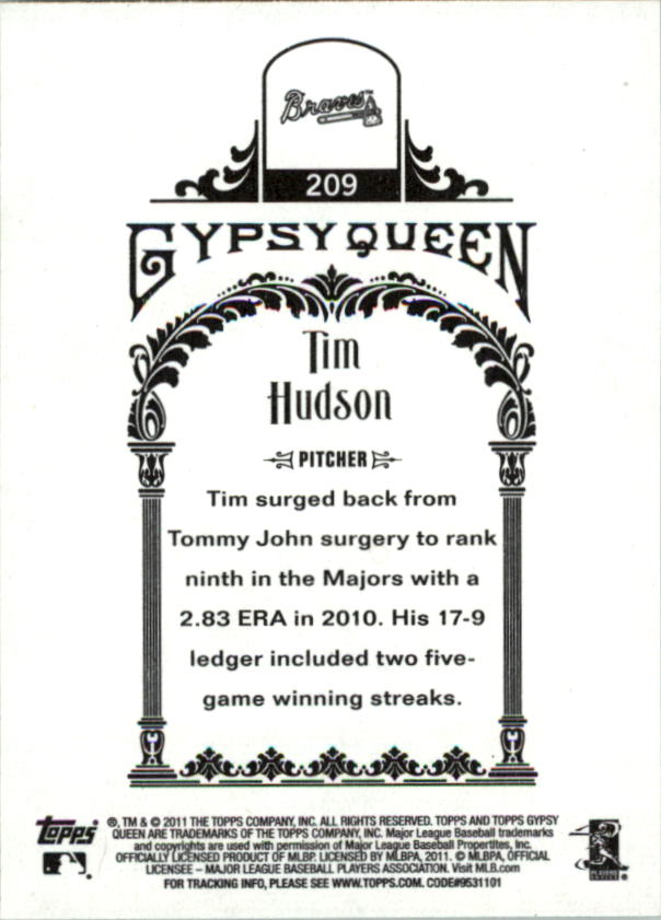 2011 Topps Gypsy Queen #209 Tim Hudson back image