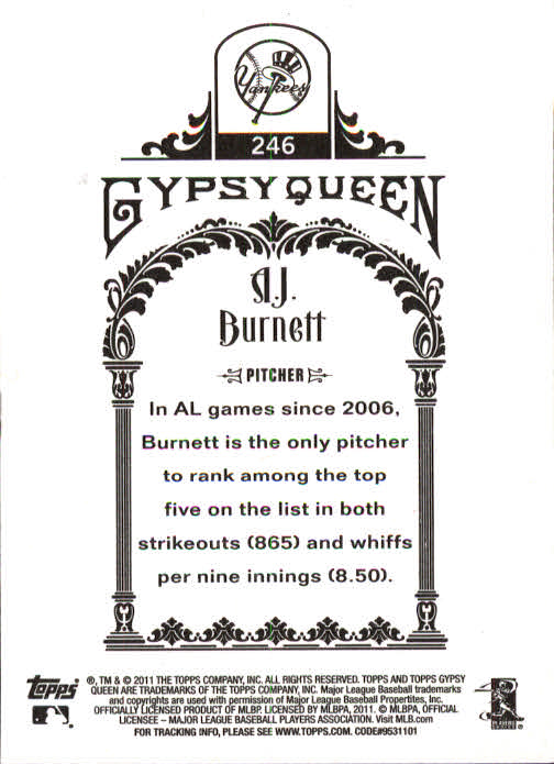 2011 Topps Gypsy Queen #246 A.J. Burnett back image