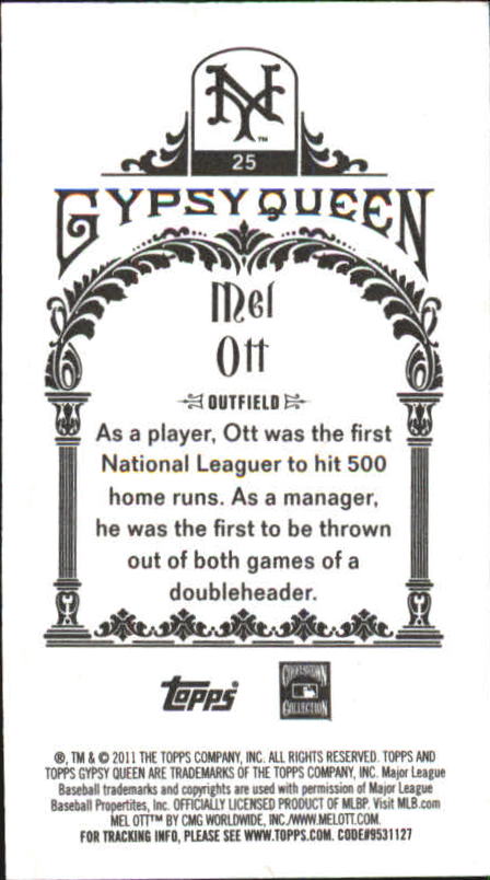 2011 Topps Gypsy Queen Mini #25A Mel Ott back image