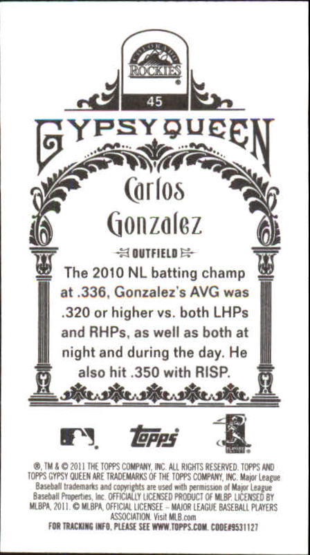 2011 Topps Gypsy Queen Mini #45A Carlos Gonzalez back image