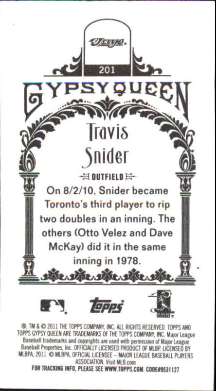 2011 Topps Gypsy Queen Mini #201 Travis Snider back image