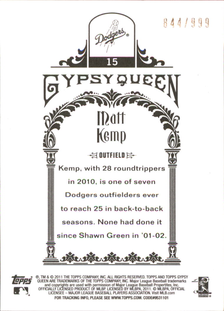 2011 Topps Gypsy Queen Framed Paper #15 Matt Kemp back image