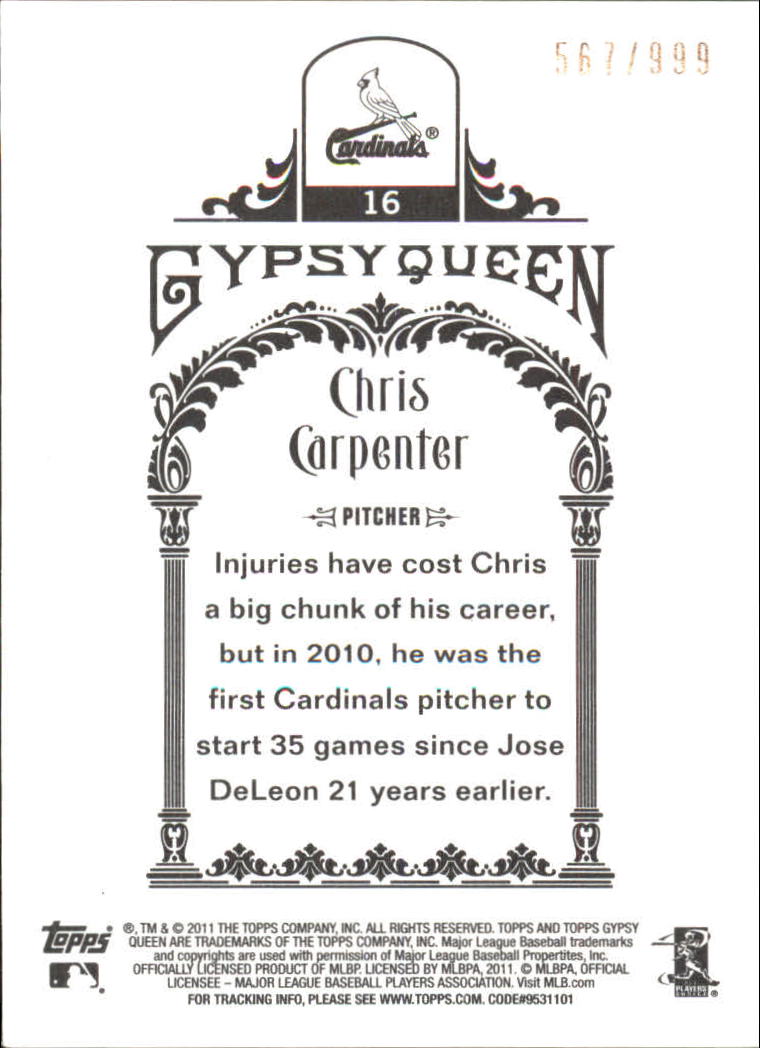 2011 Topps Gypsy Queen Framed Paper #16 Chris Carpenter back image