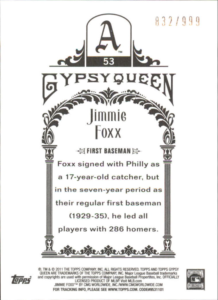 2011 Topps Gypsy Queen Framed Paper #53 Jimmie Foxx back image