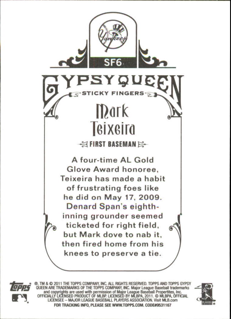 2011 Topps Gypsy Queen Sticky Fingers #SF6 Mark Teixeira back image