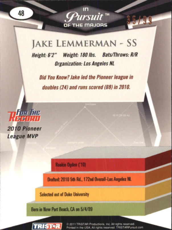 2011 TRISTAR Pursuit Orange #48 Jake Lemmerman back image
