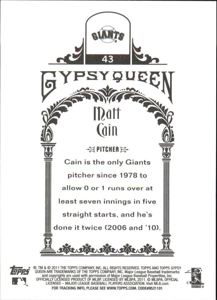 2011 Topps Gypsy Queen Framed Green #43 Matt Cain back image