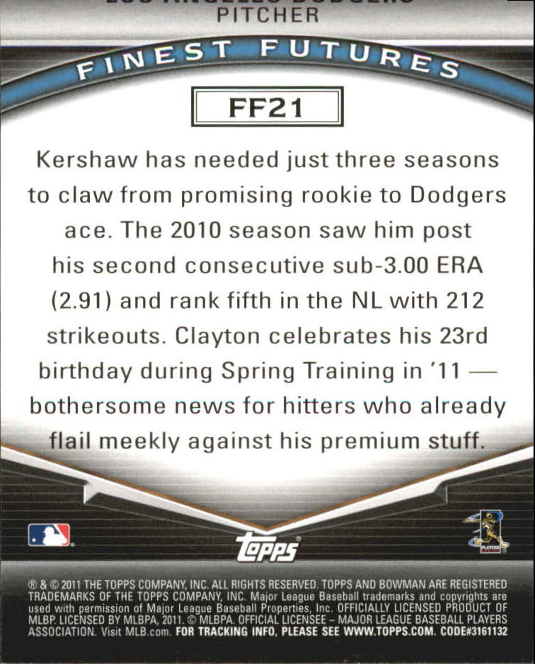 2011 Bowman Finest Futures #FF21 Clayton Kershaw back image