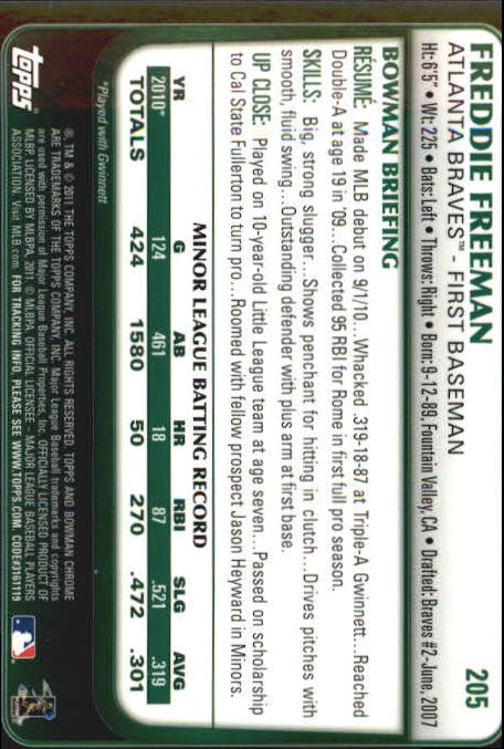 2011 Bowman Chrome Rookie Autographs #205 Freddie Freeman back image
