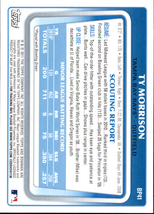 2011 Bowman Prospects #BP41 Ty Morrison back image