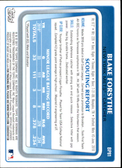 2011 Bowman Prospects #BP81 Blake Forsythe back image