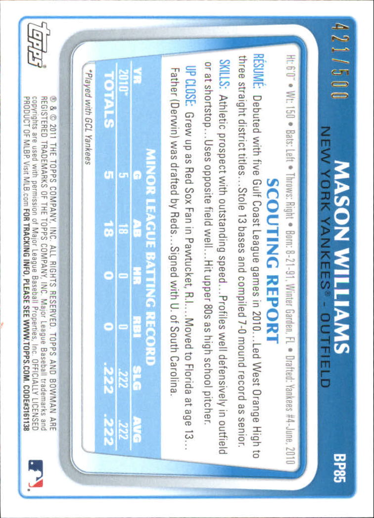 2011 Bowman Prospects Blue #BP85 Mason Williams back image