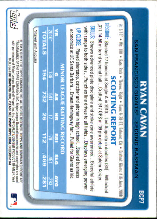 2011 Bowman Chrome Prospects #BCP7 Ryan Cavan back image
