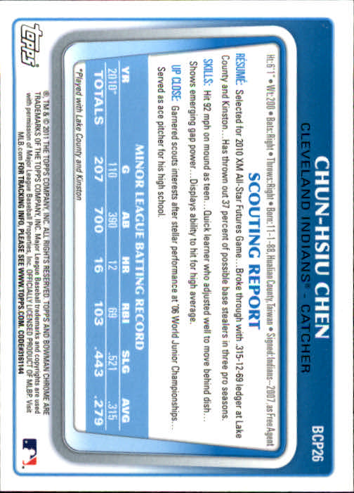 2011 Bowman Chrome Prospects #BCP26 Chun-Hsiu Chen back image