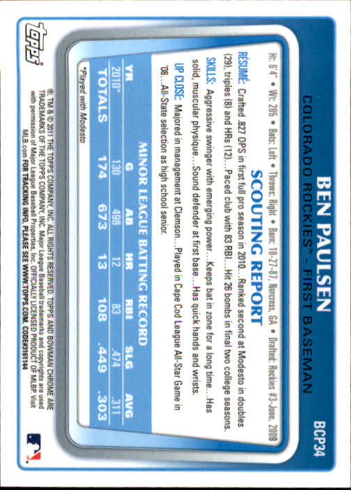 2011 Bowman Chrome Prospects #BCP34 Ben Paulsen back image