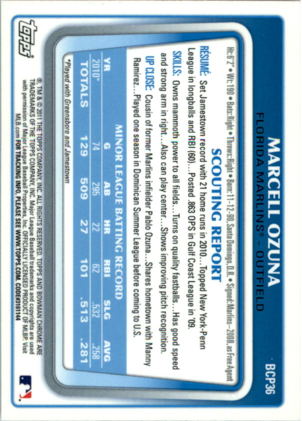 2011 Bowman Chrome Prospects #BCP36 Marcell Ozuna back image