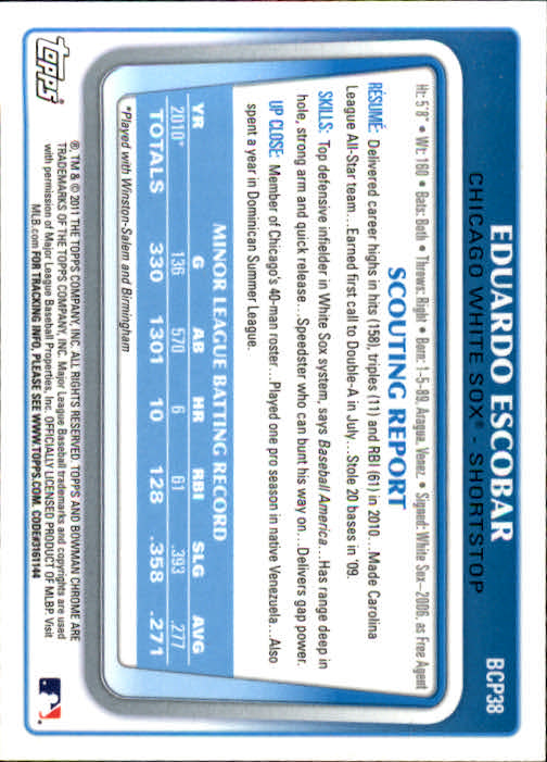 2011 Bowman Chrome Prospects #BCP38 Eduardo Escobar back image