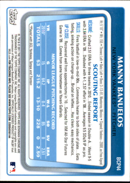 2011 Bowman Chrome Prospects #BCP44 Manny Banuelos back image