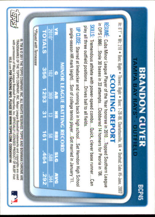 2011 Bowman Chrome Prospects #BCP45 Brandon Guyer back image