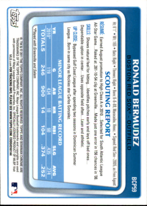 2011 Bowman Chrome Prospects #BCP59 Ronald Bermudez back image