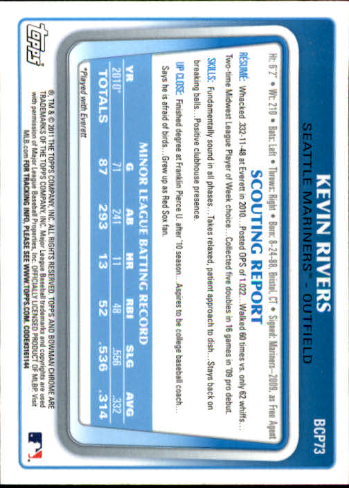 2011 Bowman Chrome Prospects #BCP73 Kevin Rivers back image
