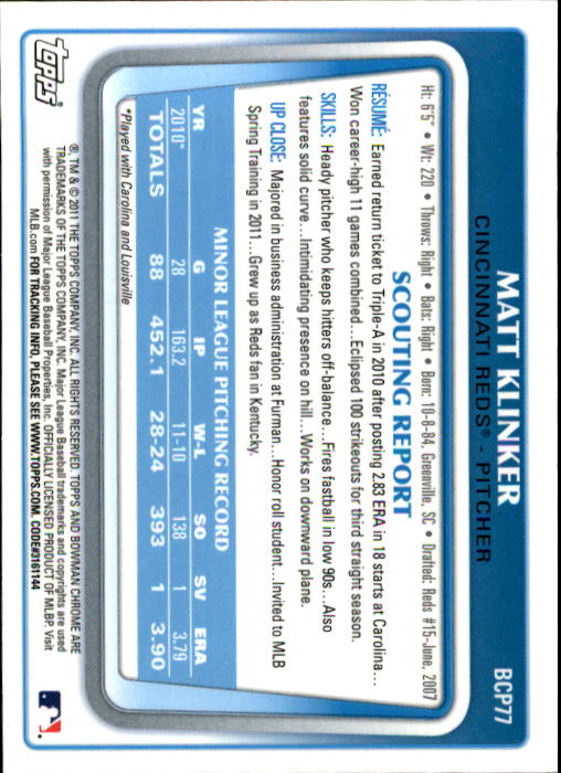 2011 Bowman Chrome Prospects #BCP77 Matt Klinker back image