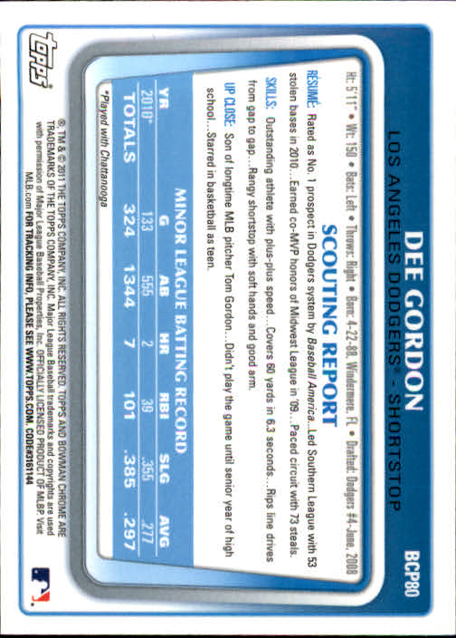 2011 Bowman Chrome Prospects #BCP80 Dee Gordon back image